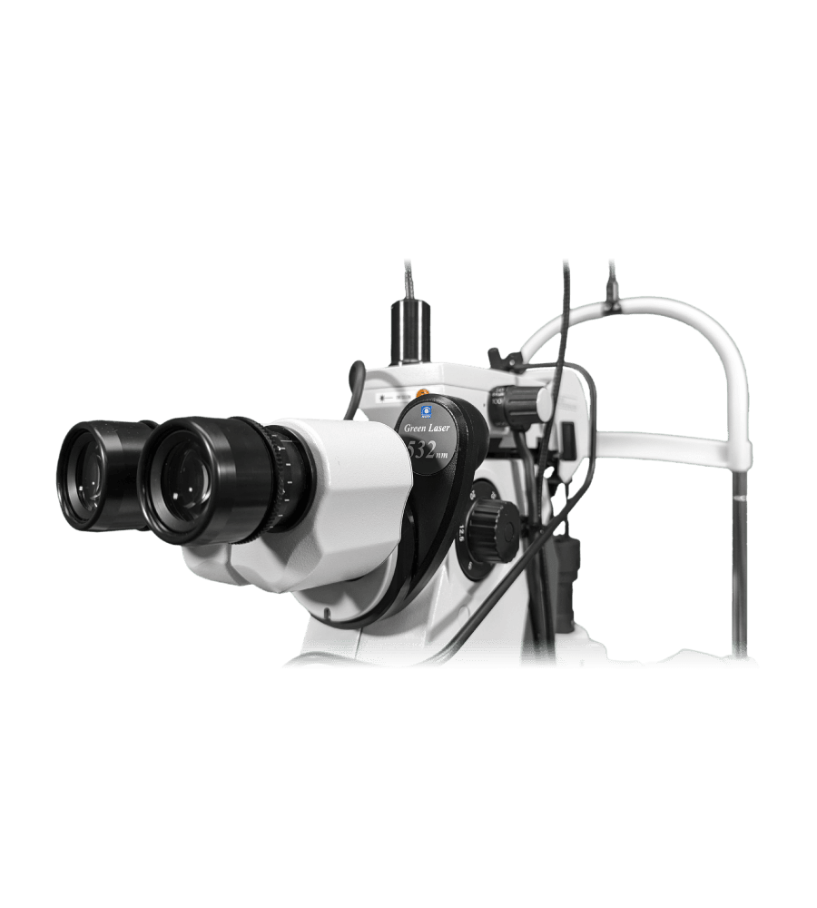 This Image Shows A Close-Up View Of An Ophthalmic Slit Lamp, A Device Used By Eye Care Professionals For Examining The Eye. It Has Dual Eyepieces, Various Adjustment Knobs, And Is Predominantly White And Black In Color.