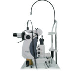 A Medical Laser Device With Multiple Lenses, Knobs, And An Articulated Arm, Typically Used In Ophthalmology For Eye Treatments, Shown On A White Background.