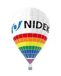 A Hot Air Balloon With &Quot;Nidek&Quot; And A Blue Logo Printed On The Top White Section, And A Lower Section Featuring Rainbow-Colored Horizontal Stripes.