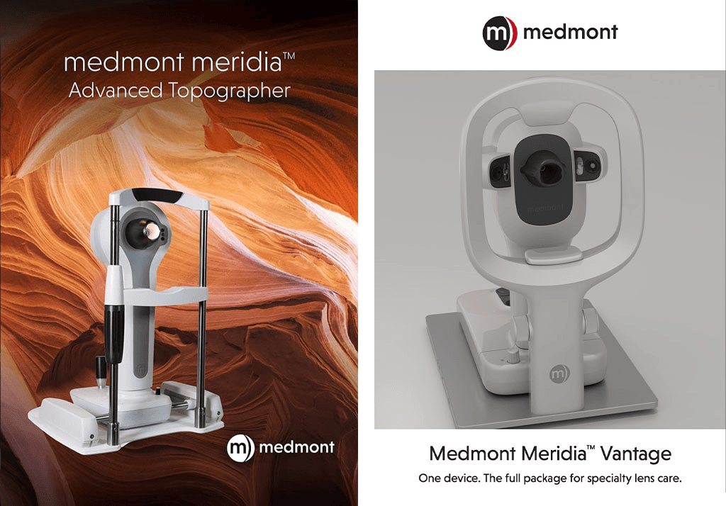 Image Showing Two Views Of The Medmont Meridia Advanced Topographer, A Medical Device For Eye Care. The Left Side Shows The Device On An Abstract Background; The Right Side Shows A Front-Facing View On A White Background.