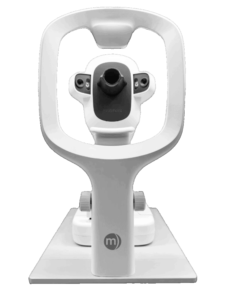 A Modern, White Ophthalmic Device With A Large Circular Frame, Central Viewing Lens, And Control Knobs, Designed For Eye Examinations, Placed On A Flat Rectangular Base.