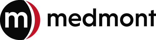The Medmont Logo Features A White Lowercase &Quot;M&Quot; In A Black Circle With A Curved Red And White Stripe, Followed By The Black Word &Quot;Medmont&Quot; In Lowercase Letters.