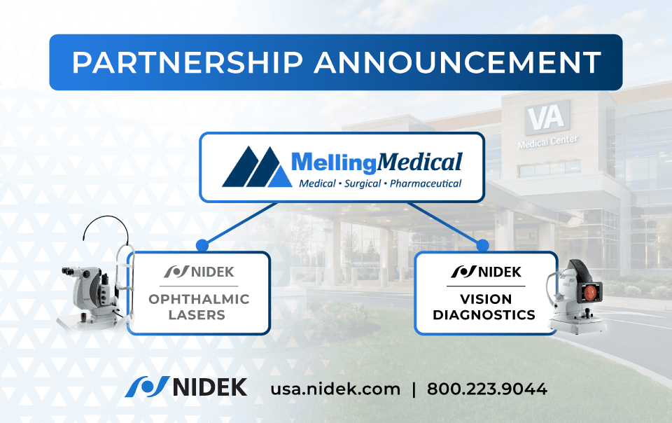 Partnership announcement graphic showing MellingMedical and Nidek logos, with lines connecting to “Ophthalmic Lasers” and “Vision Diagnostics.” VA Medical Center building is in the background. Contact details are at the bottom.