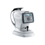 A White Nidek Ophthalmic Device With A Digital Display Screen, Joystick Control, And Chin Rest, Used For Eye Exams, Shown Against A Plain Light Background.
