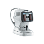 A White Ophthalmic Diagnostic Device With A Screen Displaying Eye Test Results, Labeled “Nidek.” The Device Has Controls On The Base And A Built-In Handle On The Side.